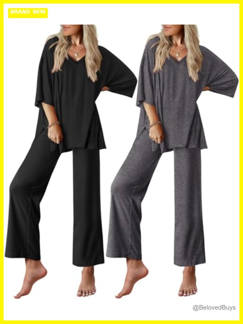 2 Pack Women's Lounge Set Short Sleeve V-Neck Top & Long Pant Pajama Set